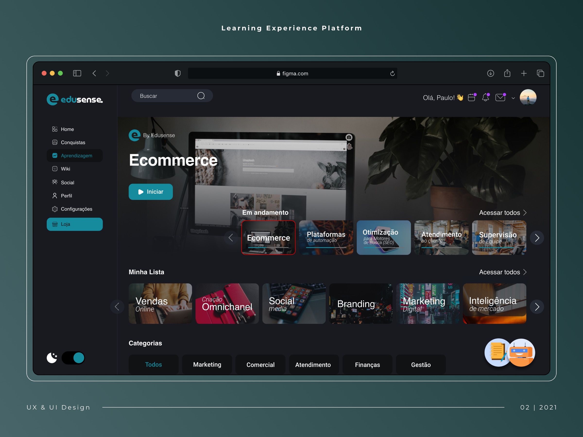 Interface da plataforma de aprendizagem Edusense
