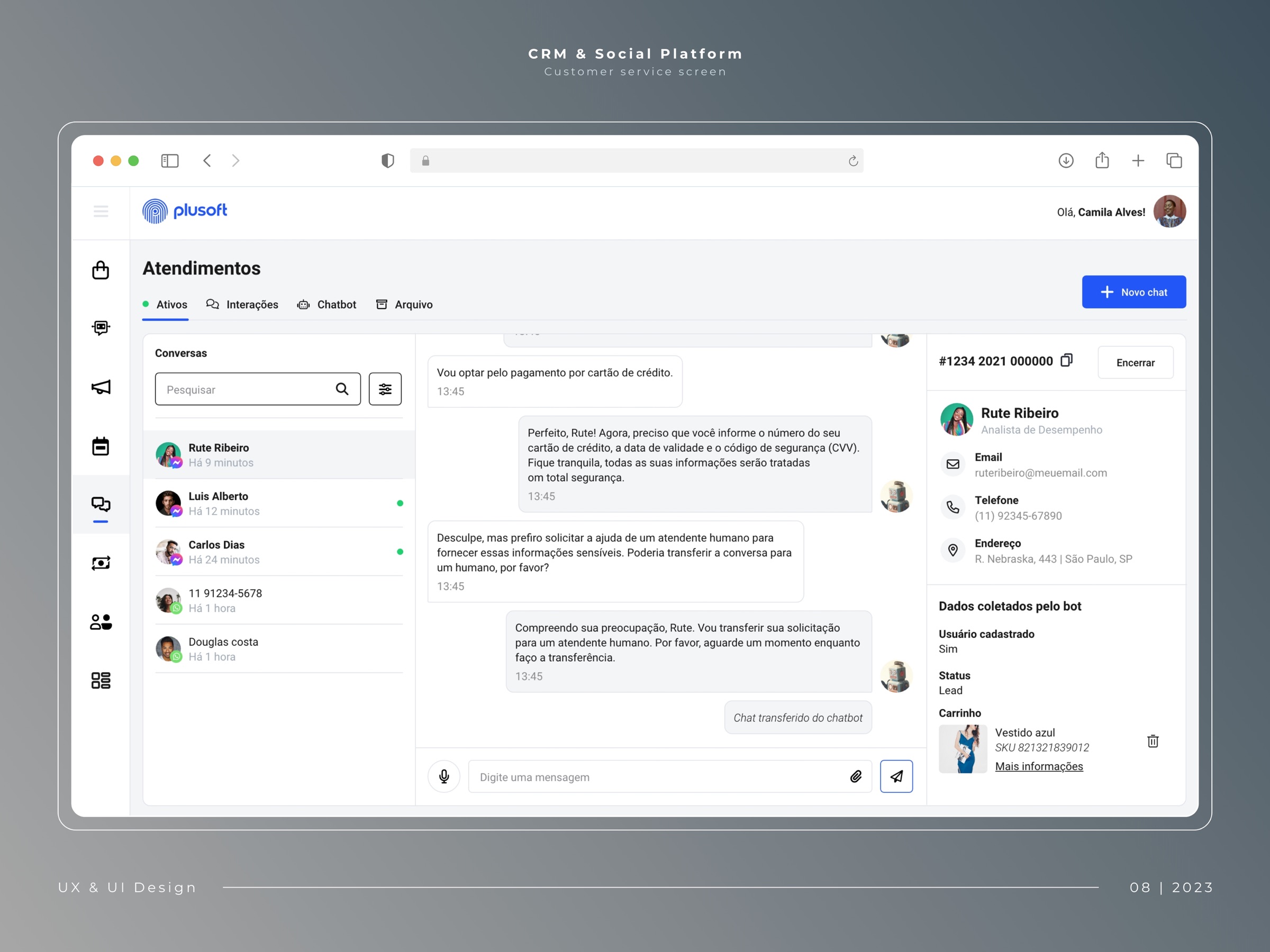 Interface da plataforma de atendimento CRM e social da Plusoft